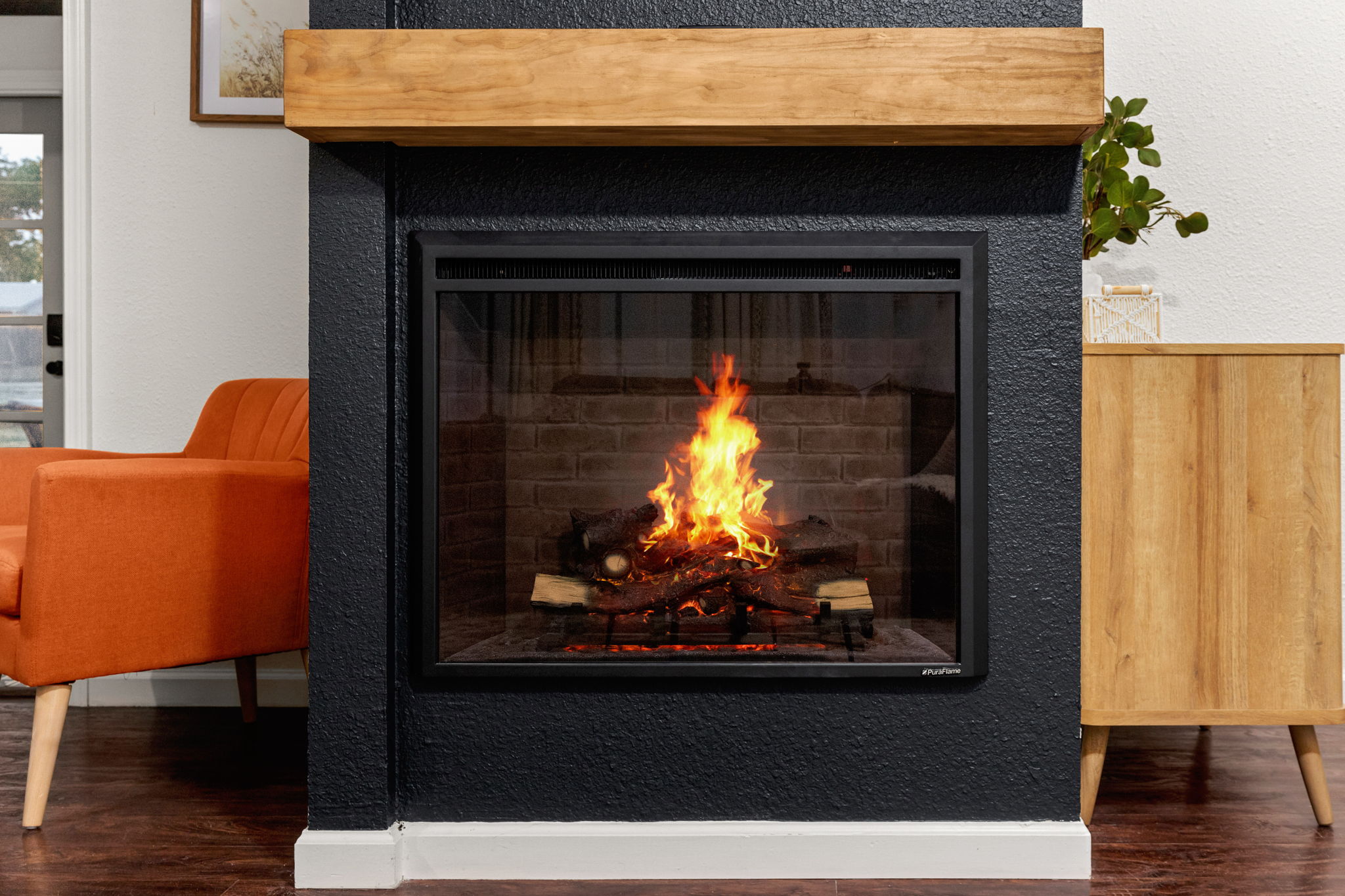 Electric fireplace with glowing flames