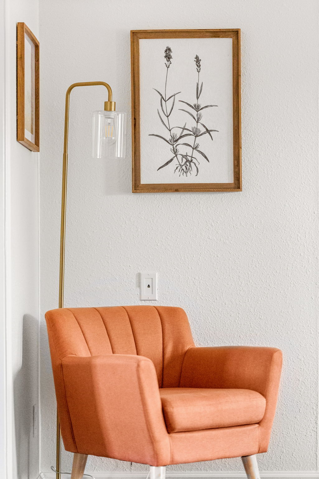 Orange velvet accent chair with botanical art