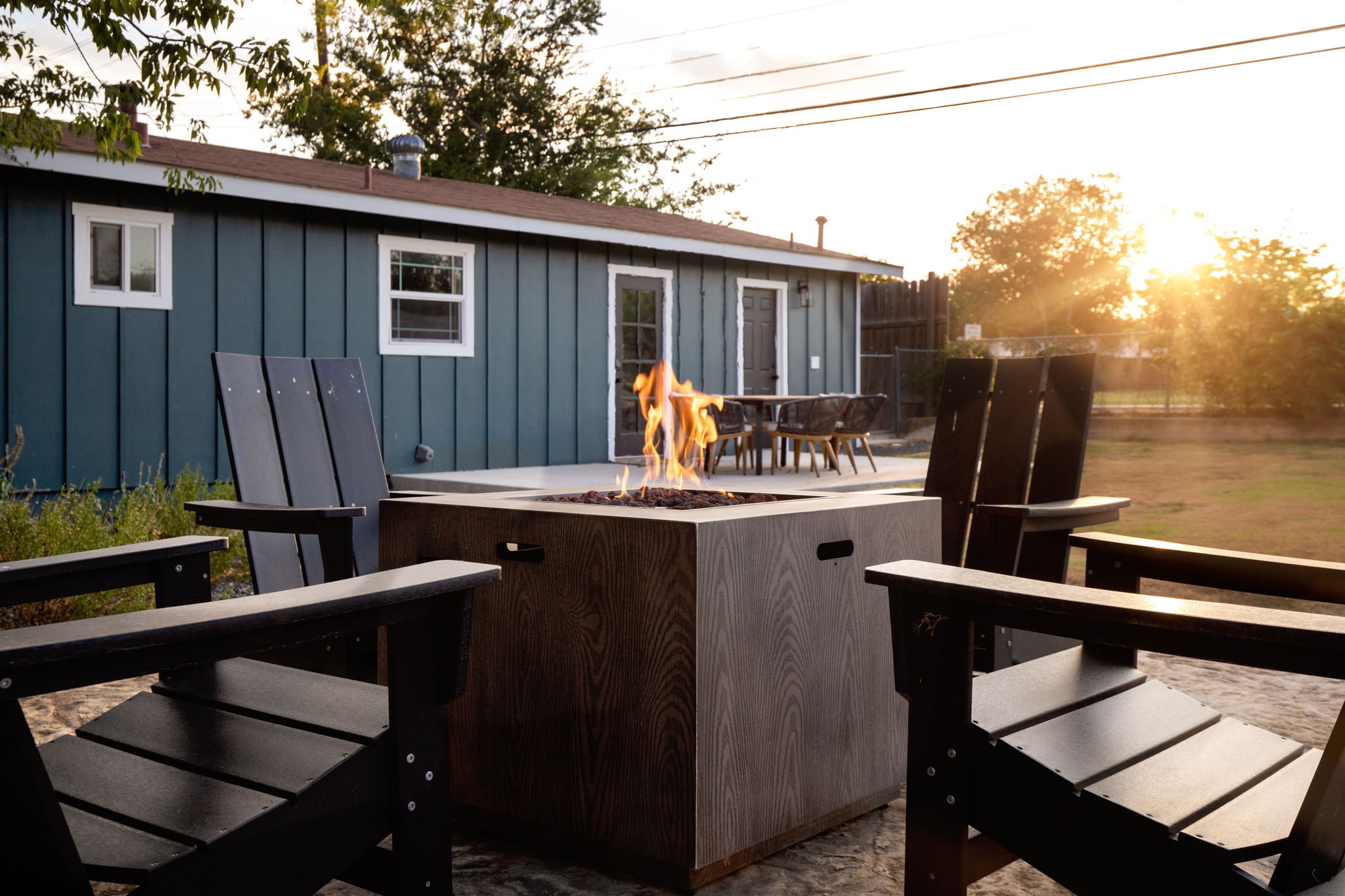 Fire pit with flames at golden hour